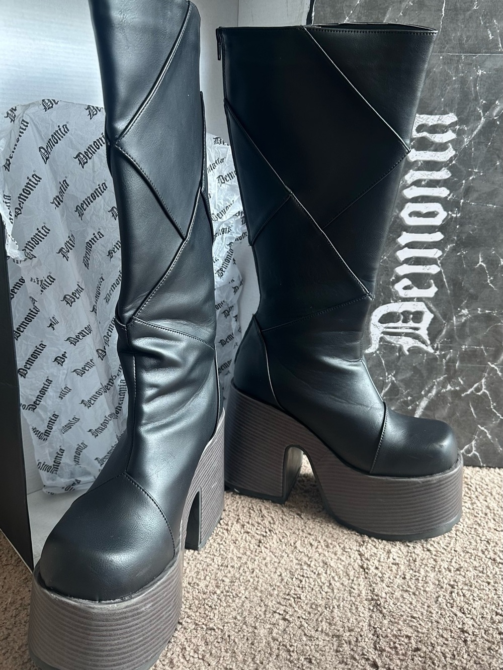 Demonia Black Tall Platform Boots with Chunky Wood-Effect Heel